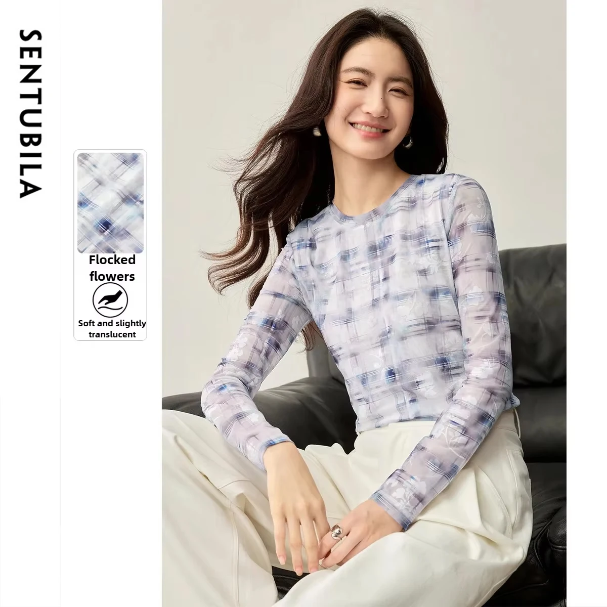 

SENTUBILA женские клетчатые футболки с принтом тай-дай, осень 2022, элегантные футболки с круглым вырезом, облегающие топы с длинными рукавами 153T80541