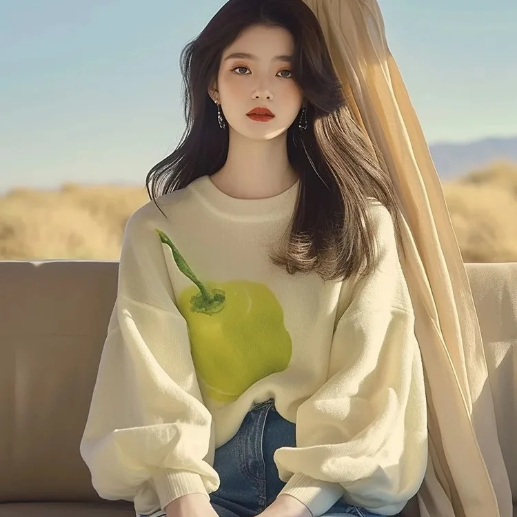 

Женский легкий вязаный свитер оверсайз с абрикосовым принтом | Повседневный шикарный многослойный топ в ленивом стиле