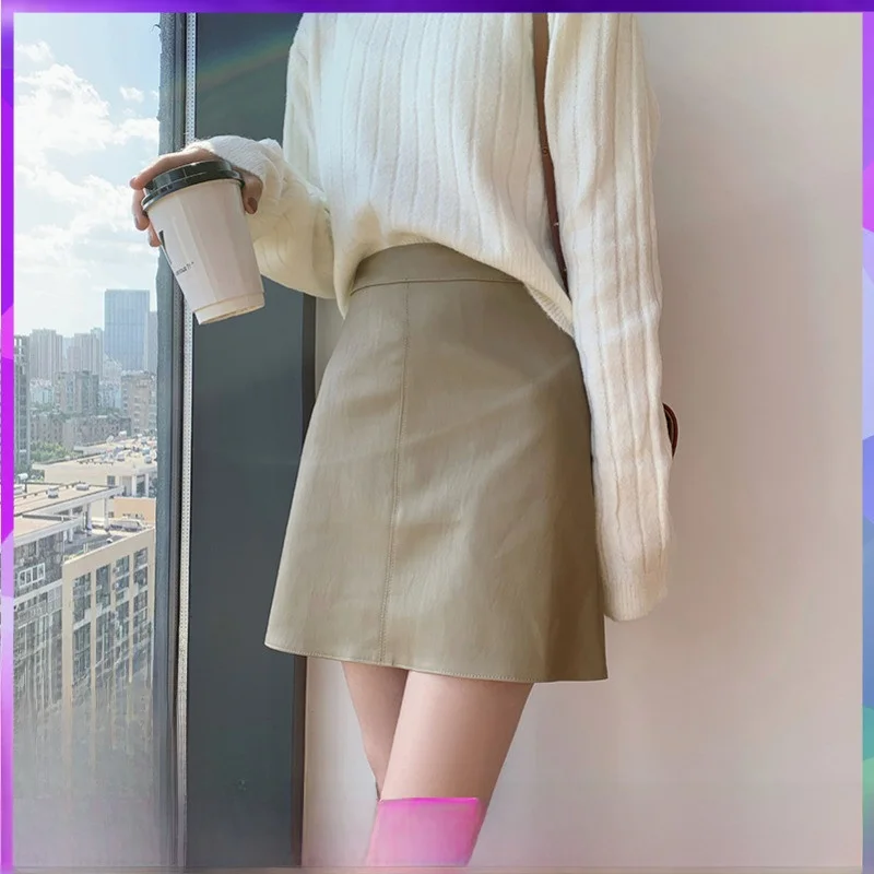 

Кожаная юбка из овчины с высокой талией, А-силуэт, женская, простой дизайн с молнией, осенняя коллекция