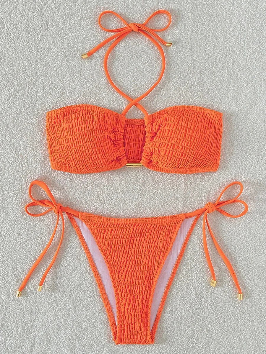 Bikini plisado con cuello Halter para mujer, traje de baño de banda, conjunto de Bikini de dos piezas, ropa de playa