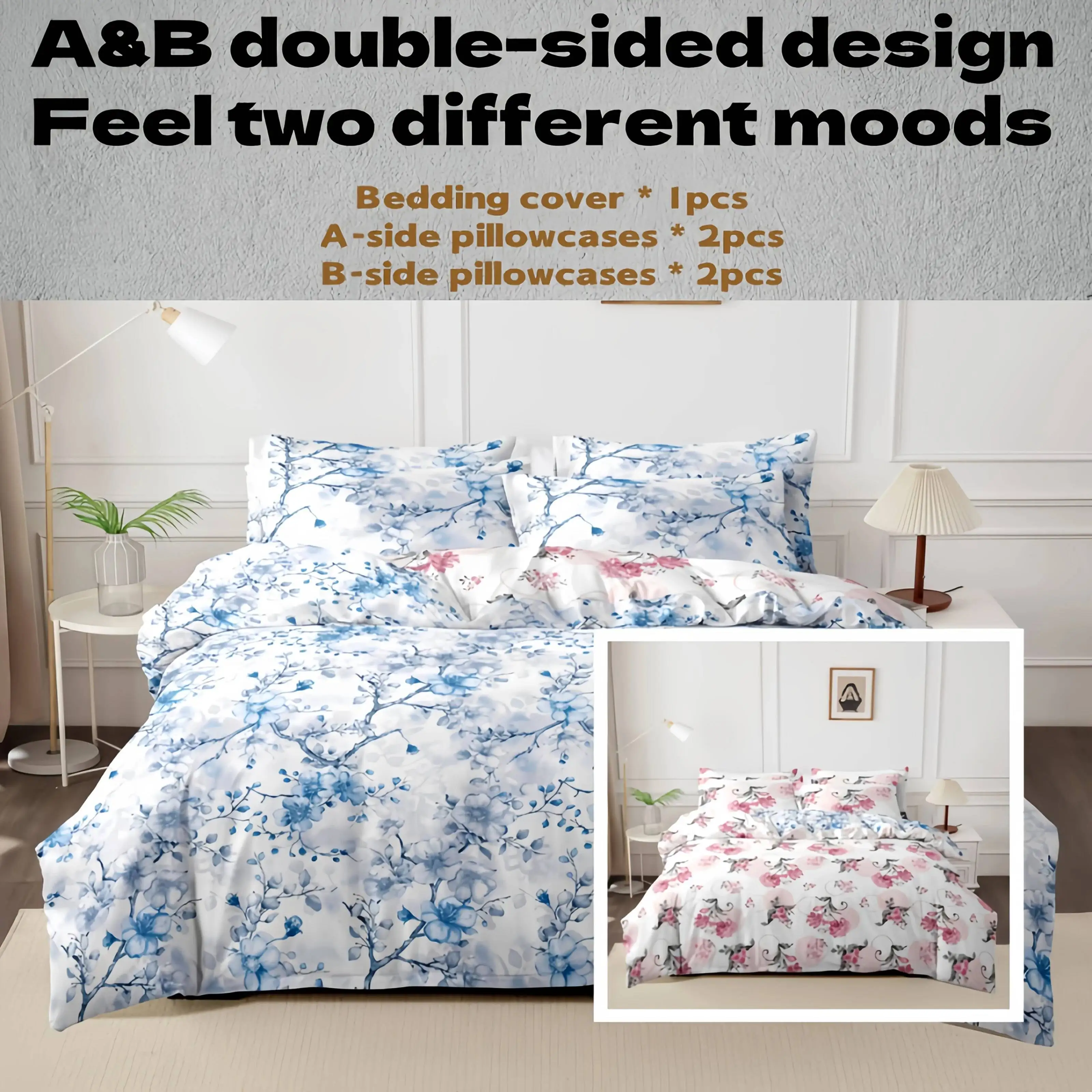 

5Pcs Ultra-Fine Fiber Printed Bedding Set, Skin Friendly, Breathable, Love Flower Themed Home Duvet Cover Pillowcase 5-Piece Set