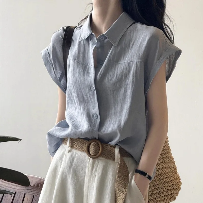 

Women Summer Simplicity Office Lady Solid Color Polo Collar Short Sleeve Flax Shirts Ladies Fashion All-match Temperament Tops