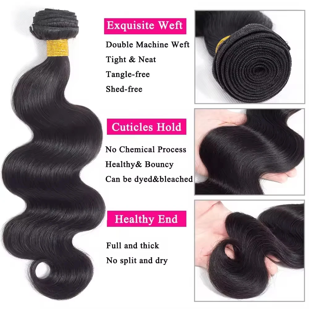 16A Body Wave มนุษย์ผมบราซิล Virgin 1/3/4/5 ชิ้นสานสีดําธรรมชาติสีผมส่วนขยาย 100% Human Hair Bundles