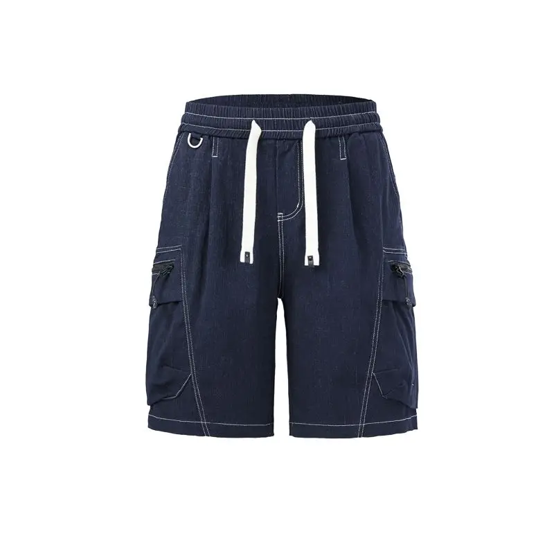 

KSTUN Men's Denim Shorts Loose Fit Casual Denim Shorts with Zipper Pockets Elastic Wasit Drawstring Summer Five-Point Shorts