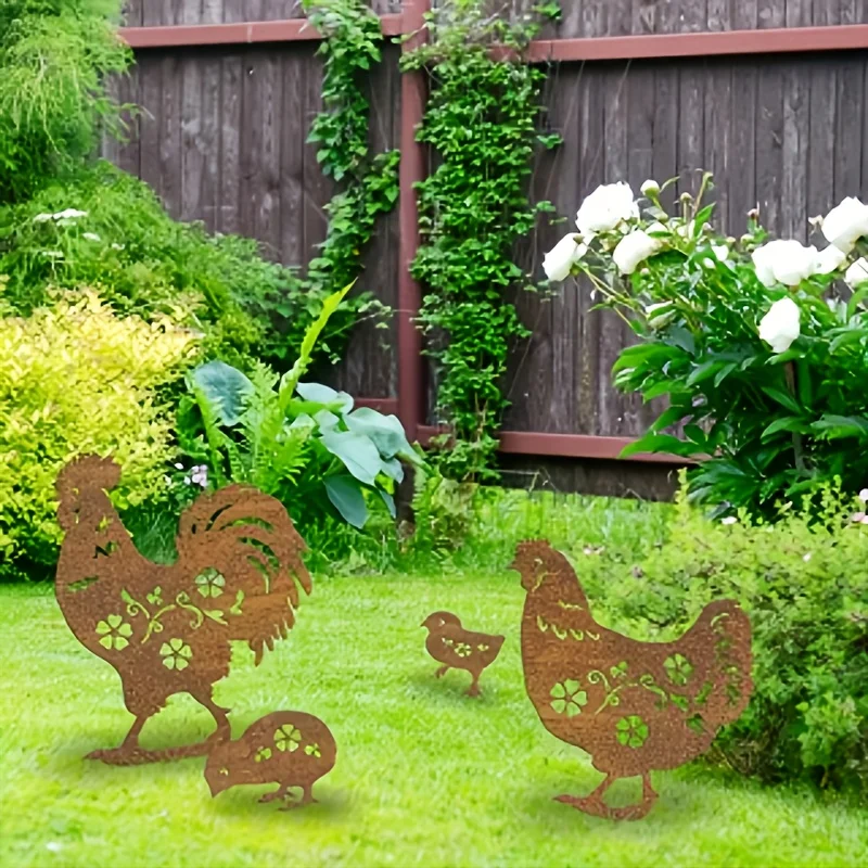 4er-Set Rustikale Metall-Hühnerfamilie Gartenfigur, Wetterfester Corten-Stahl Bauernhof-Tierfigur für Gartendekoration