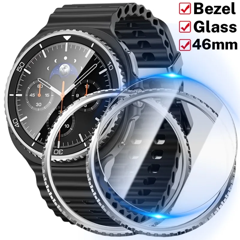2in1 Metal Bezel Screen Protector for Samsung Galaxy Watch 8 Classic 46mm Stainless Steel Bezel & Tempered Glass Watch8 Films