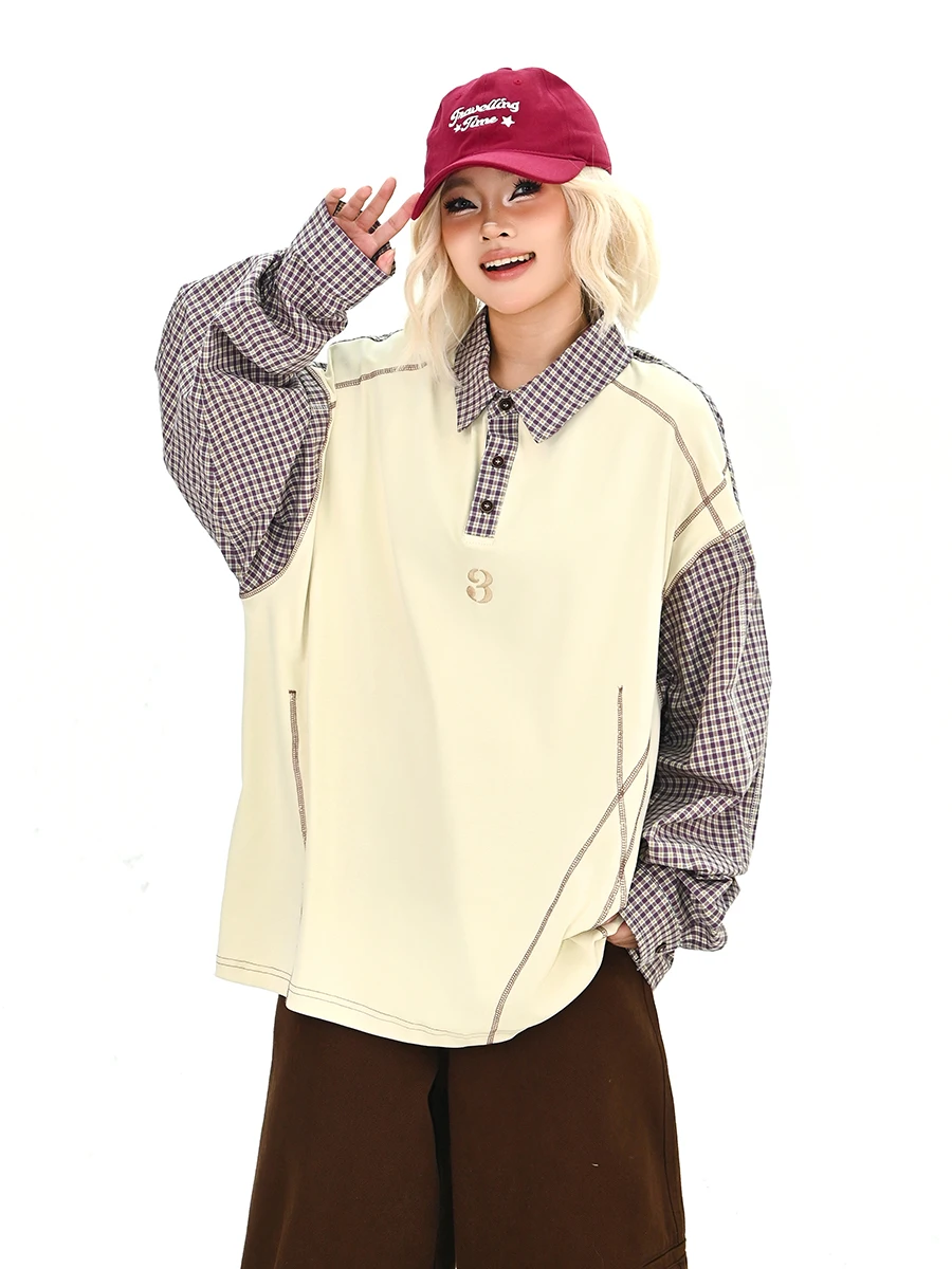 

Lazy American Sle Women's irt Spring 2026 Loose Plaid Patchwork Long Sve Button up Casual Faion Student Wear