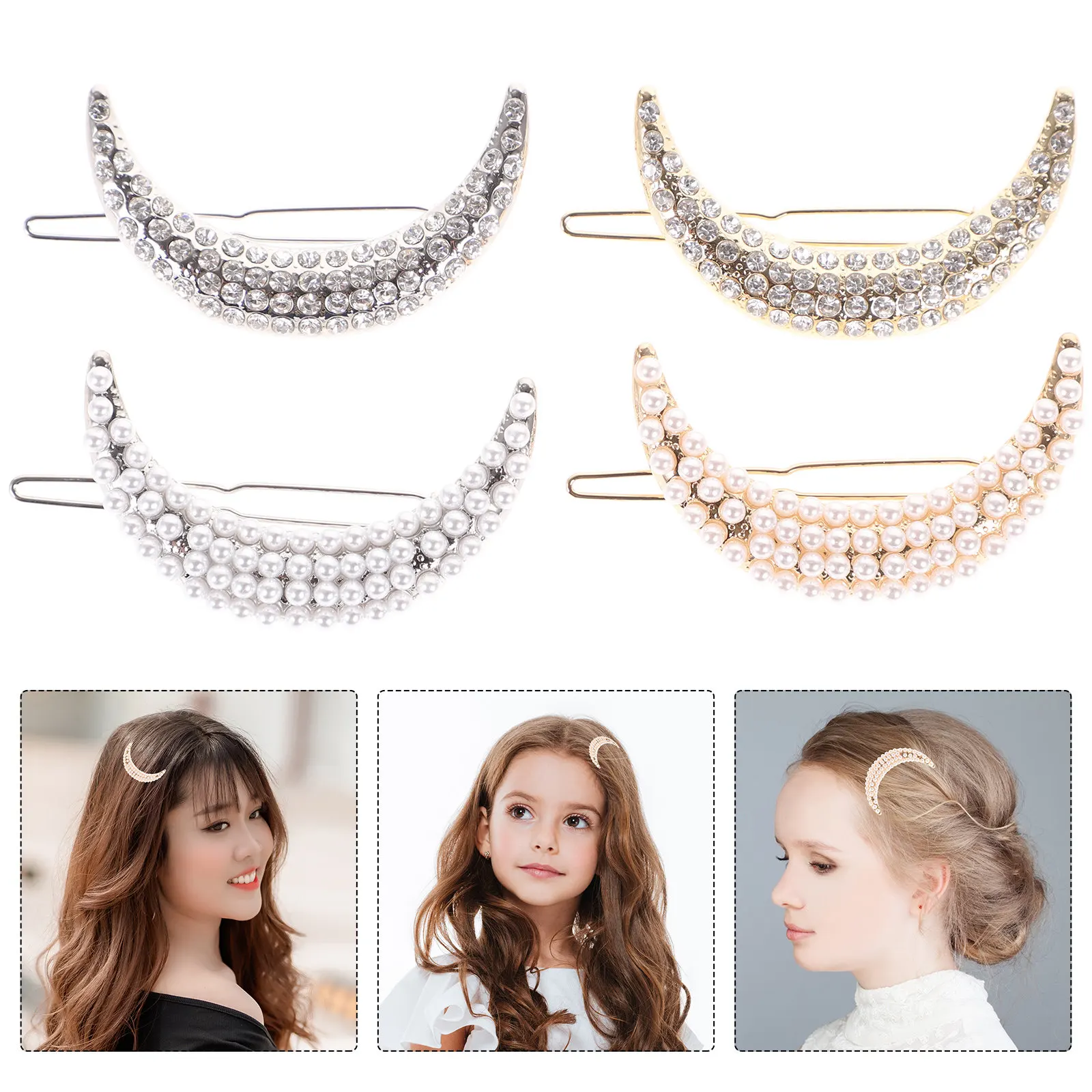 

4Pcs Moon Design Rhinestone Pearl Hairpin Alloy Bang Clips Stylish Hair Clip Set for Girls Wedding Party Casual Wear