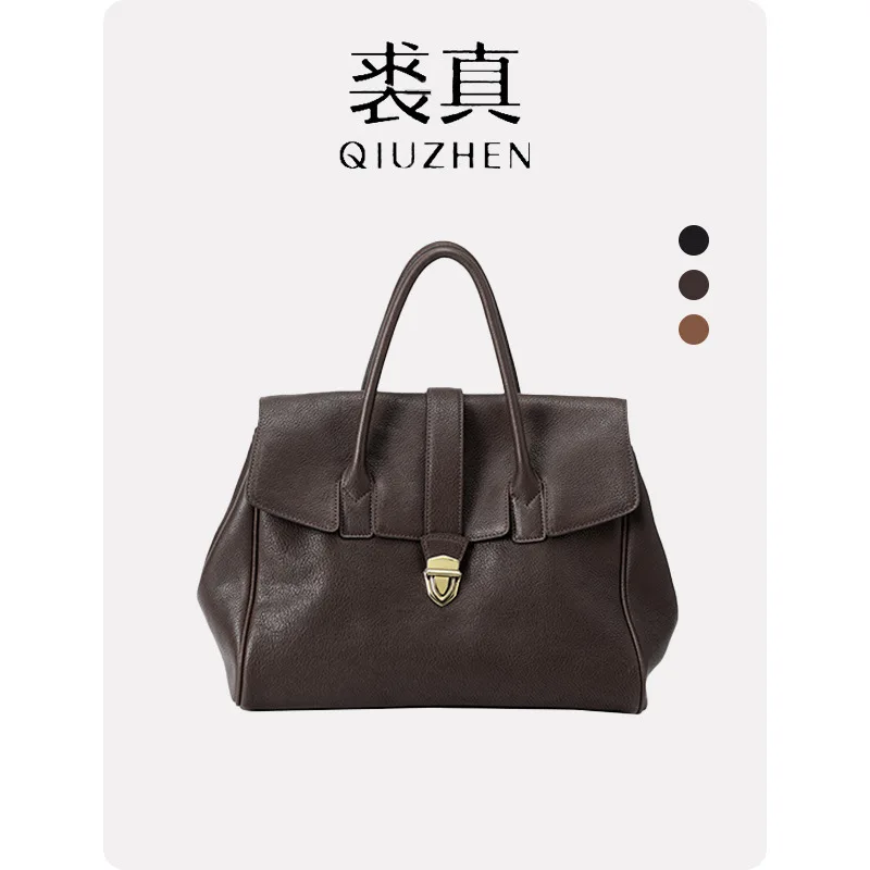 Qiuzhen Vintage Vegetable-Tanned Full-Grain Cowhide Leather Handheld Briefcase for Women - Large Capacity Commuter Bag
