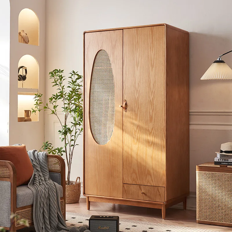 New Chinese rattan solid wood wardrobe combination large capacity partition three-door wardrobe multi-functional bedroom s