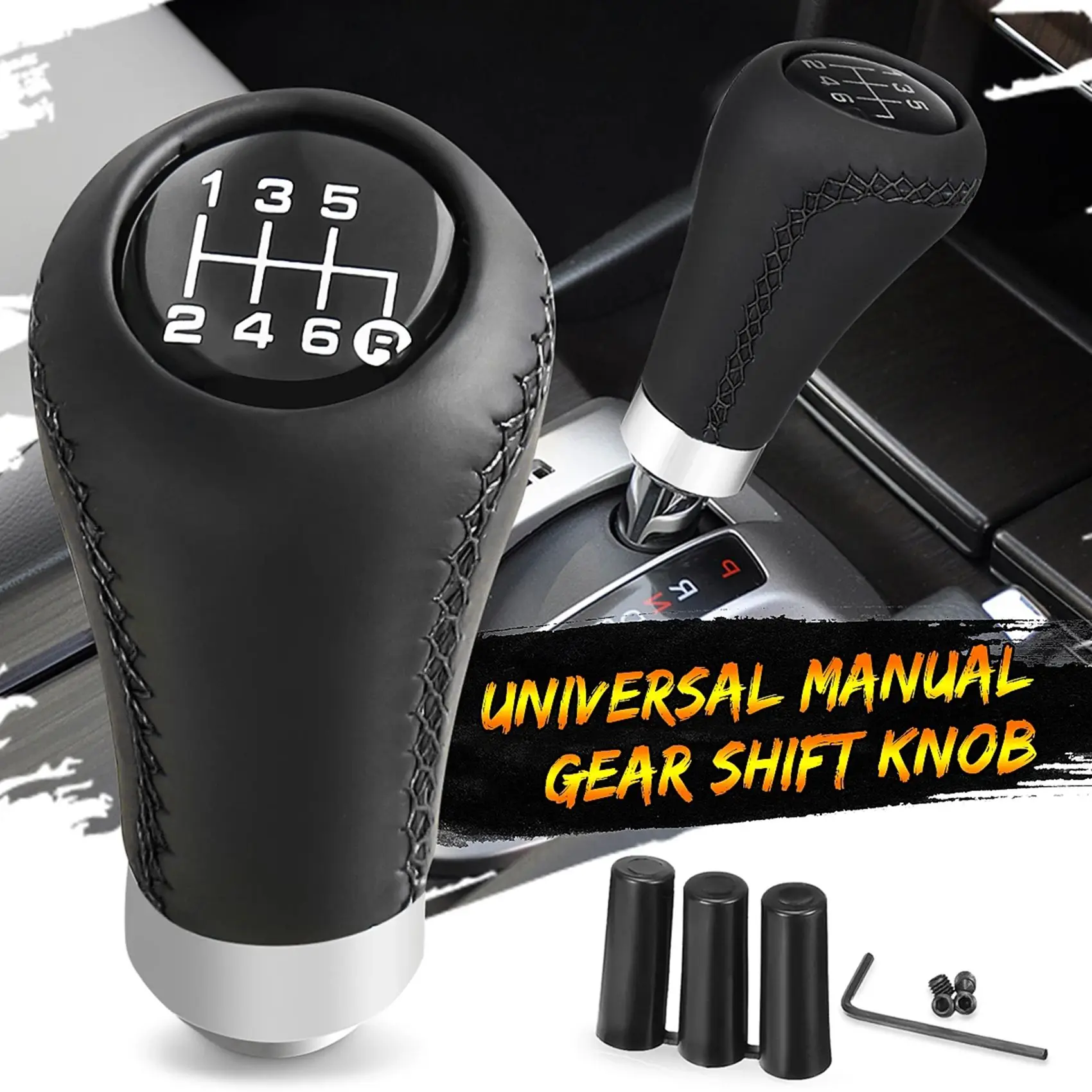 Universal Car PU Leather 6 Speed Shifter Lever Gear Shift Knob Manual Shifter Stick Black Stitched Knob Cap Cover