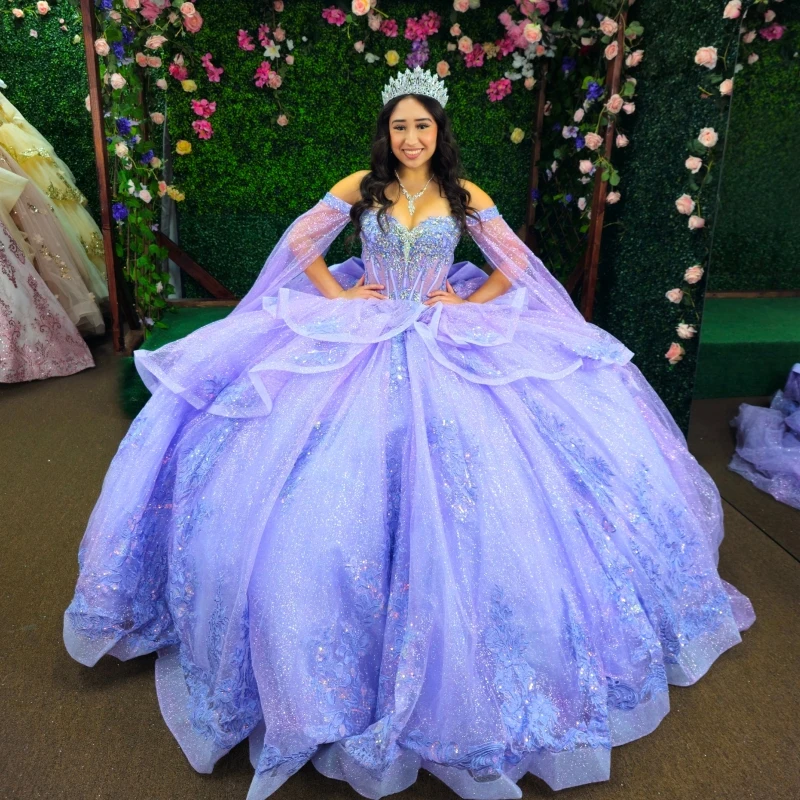 

Lavender Shiny Quinceanera Dresses Ball Gown Off The Shoulder Applique Lace Beading Crystal Bow Corset Party Birthday Sweet 16