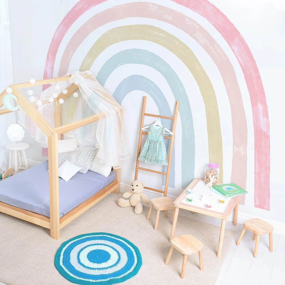 Large Watercolor Rainbow Wall Decals, Colorful Peel and Stick Fabric Nursery Wall Decor,  Self-Adhesive Pastel Rainbow for Kids