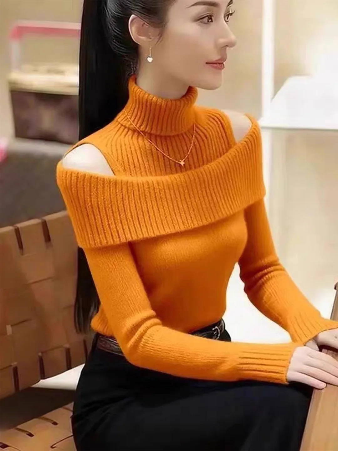 

Sexy High Collar Shoulder Bared Knitwear Women's Autumn Winter Inner Wear Slim Fit Medium Softness Hollow out Long Sleeve Top