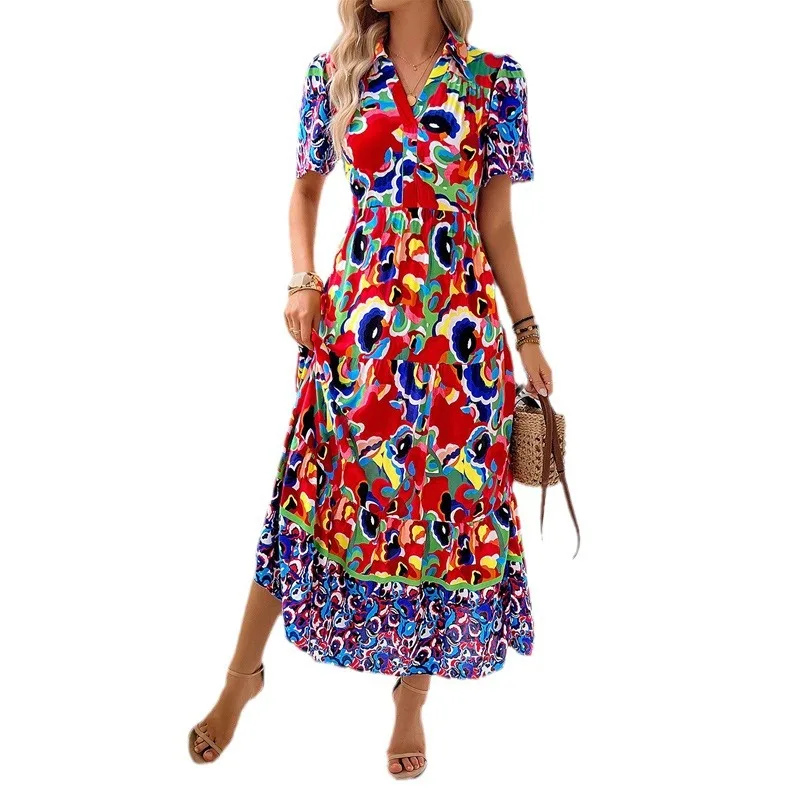 2025 Summer Women's Casual V-neck Dress Fashion Printed Collar Button Shirt Dress Short Sleeve Temperament Long Dress