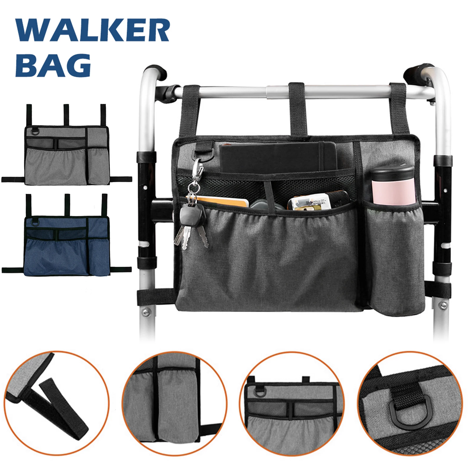 1pc Walker Storage Bag with Cup Holder, Large Capacity Folding Organizer Pouch for Wheelchairs & Seniors