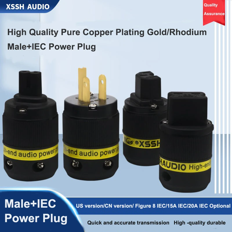 Plugue elétrico dourado banhado a cobre puro, conector de alimentação macho e fêmea HIFI Hi-end, plugue EUA, XSSH Audio Figure 8, 15A, 20A, IEC, DIY, 18mm