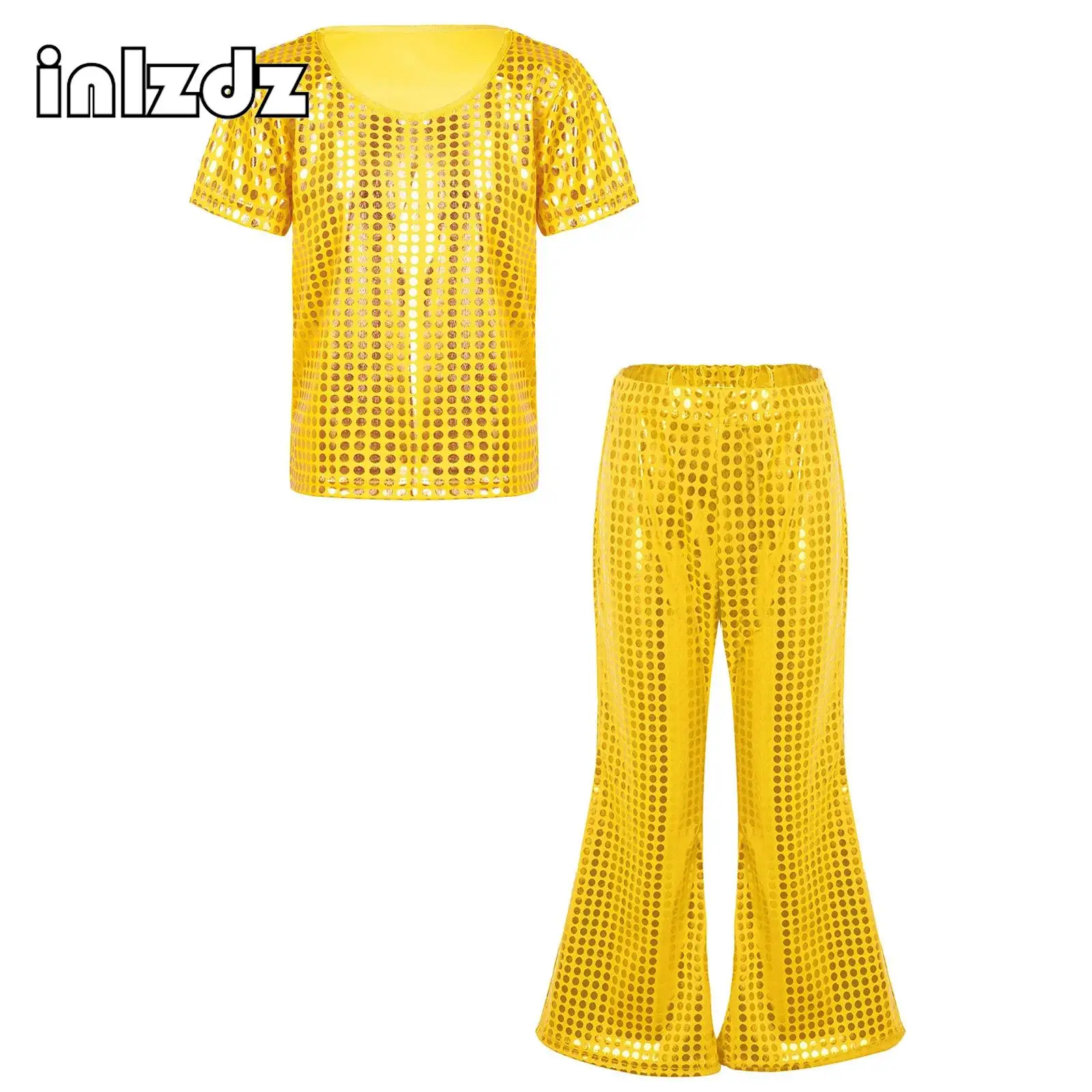 

Kids Girls Boys Sparkly Sequins Hip Hop Jazz Street Dance Costume Flared Pants with T-shirt Top Dancing Performance Outfits