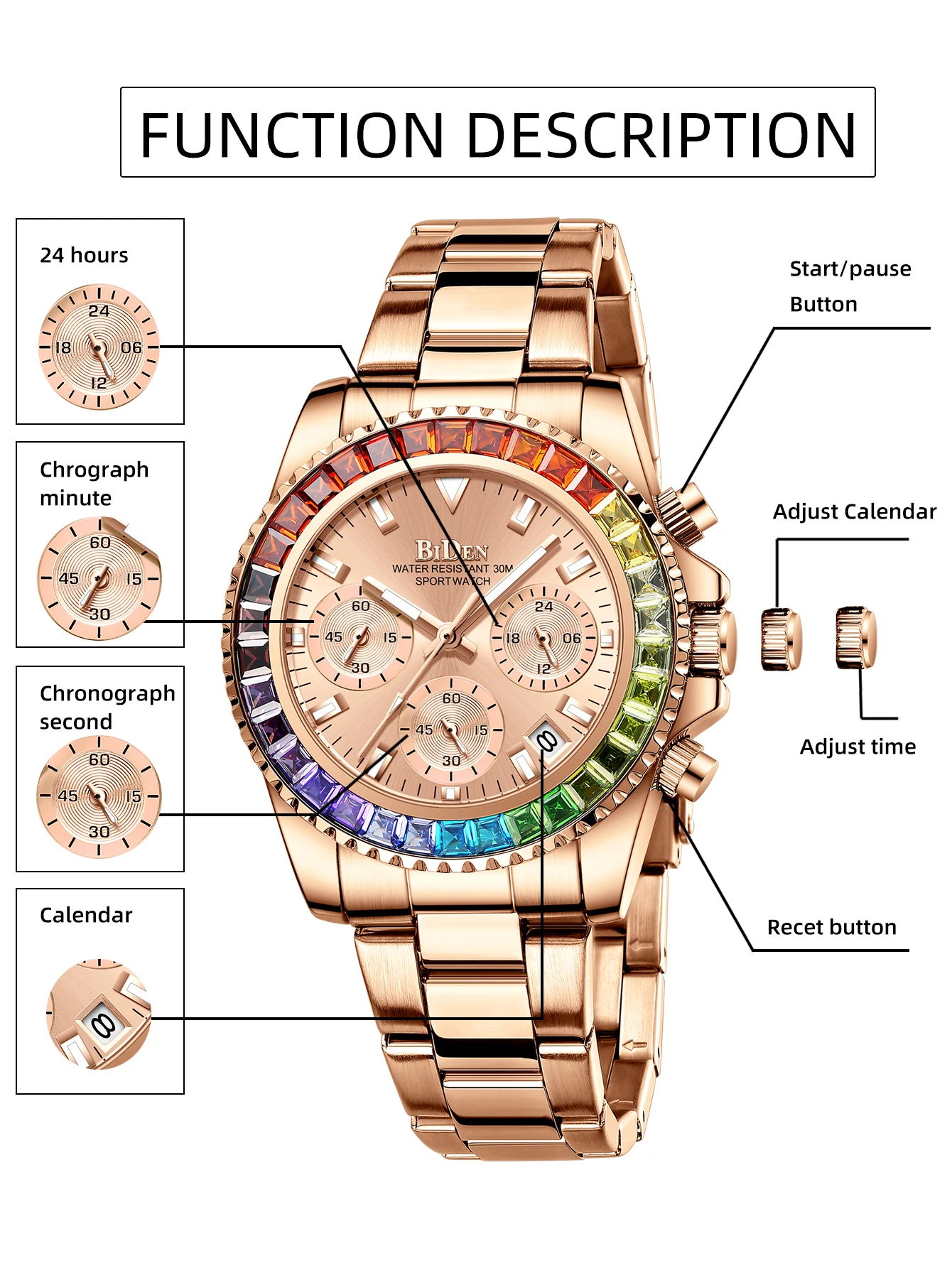 BIDENLuxury women\'s quartz watch chronograph casual business stainless steel strap night light waterproof clock Relogio Feminino