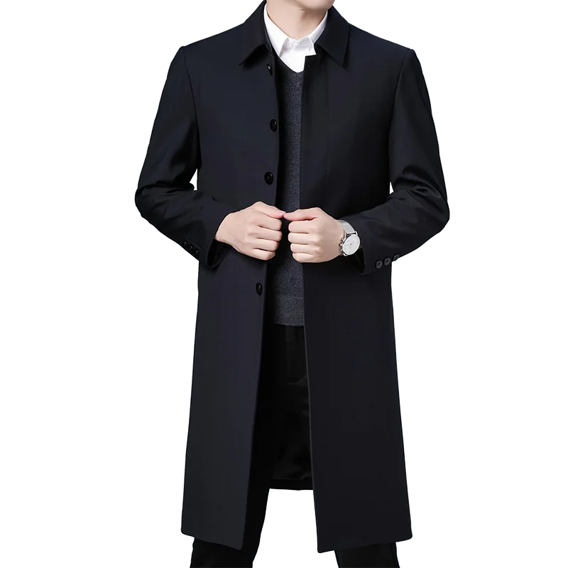 

Brand Business Men's Windbreaker Black Long Trench Coat for Men Single Breasted Loose Casual Black Korean Fashion Overcoat
