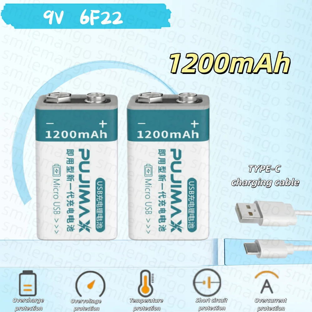 USB 9V Rechargeable Battery 1100mAh Type-C Rechargeable 6F22 9V Li-ion Battery for RC Helicopeter Model Multimeter Toy