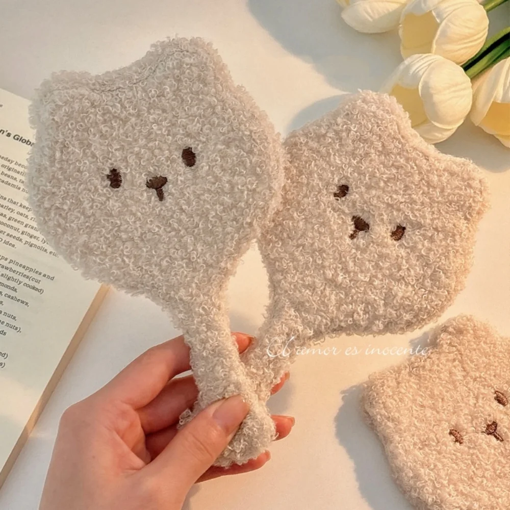 Comfortable Plush Bear Handheld Makeup Mirror Round Desktop Cosmetic Mirror Portable High Definition Vanity Mirror for Women