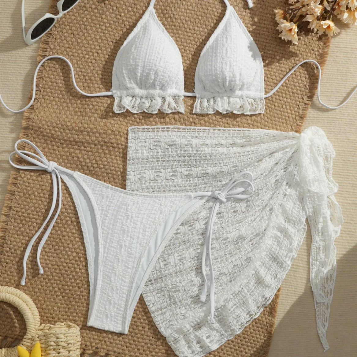 Women's Sexy Halter Bikini Three Piece Set Crochet Solid Color Swimsuit with Mesh Cover Ups Beach Vacation Bathing Suits