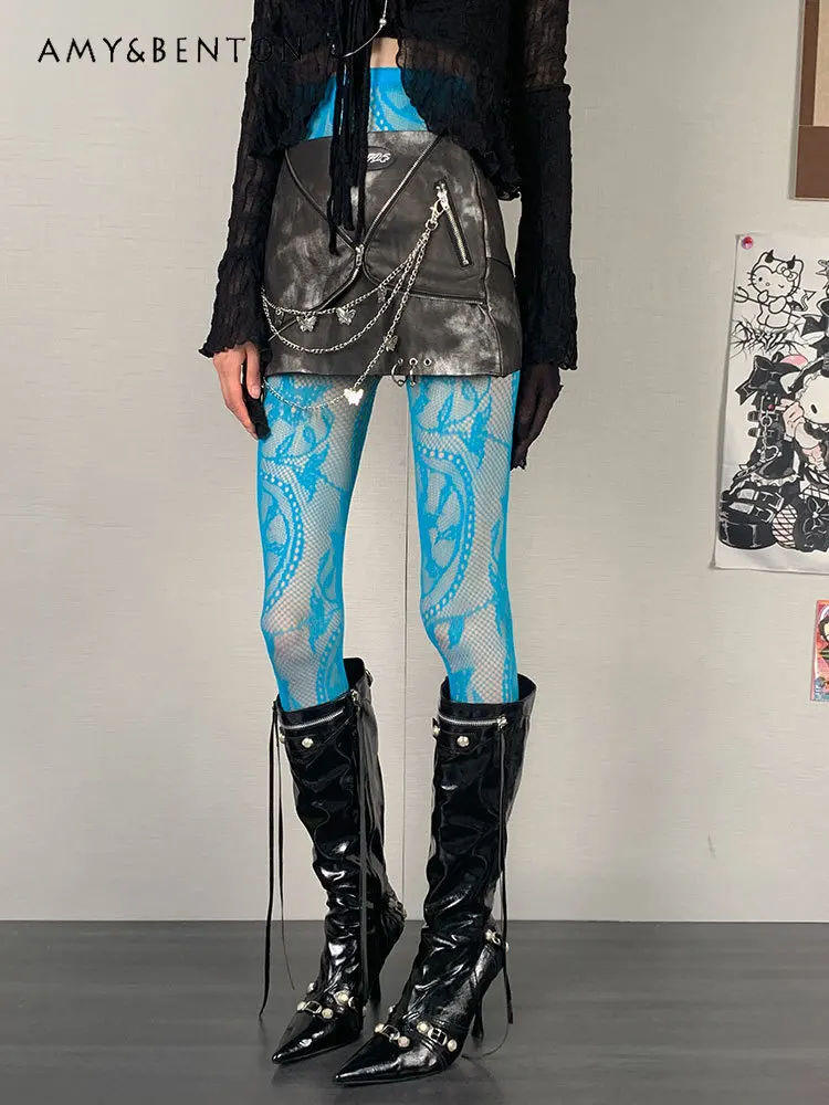 Punk Hot Girl Jacquard Y2k Retro Blue  Thigh High Stockings Women High Street Subculture Sexy Pantyhose Goth Compression Socks