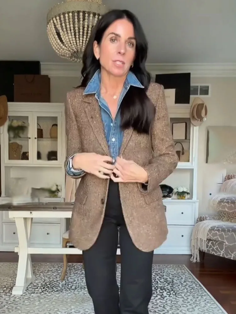 

HH женский зимний однобортный саржевый пиджак с лацканами и карманами, с длинными рукавами и узором «елочка», женское пальто для отдыха в уличном стиле