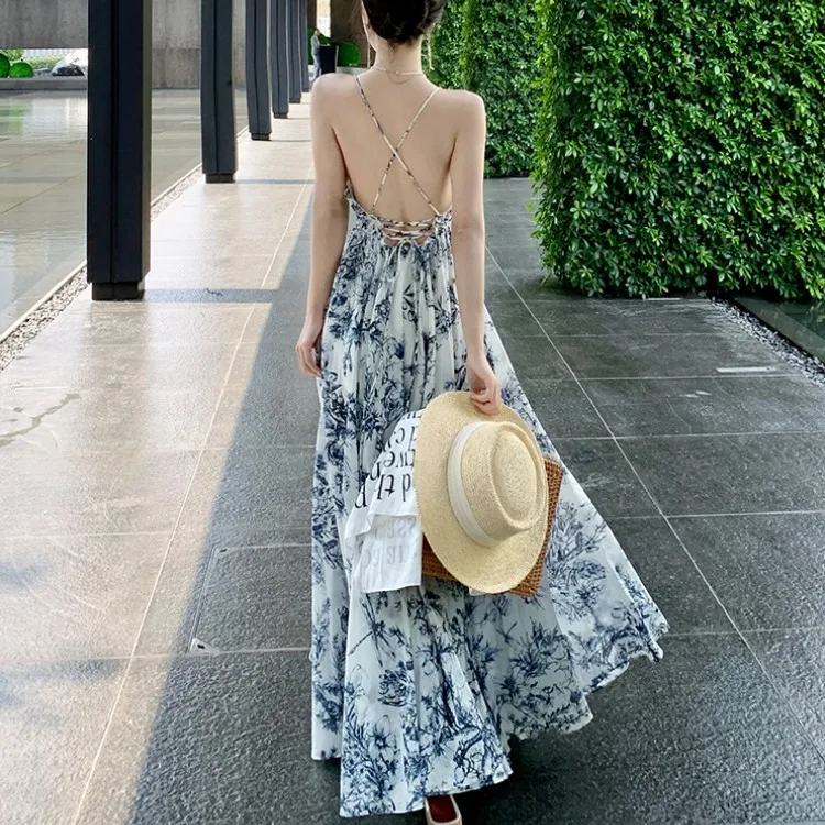 Elegante Blumen druck Spaghetti träger Boho Maxi kleid Frauen Sommer sexy Kreuz rücken frei lässig Strand Urlaub Kleid Vestidos