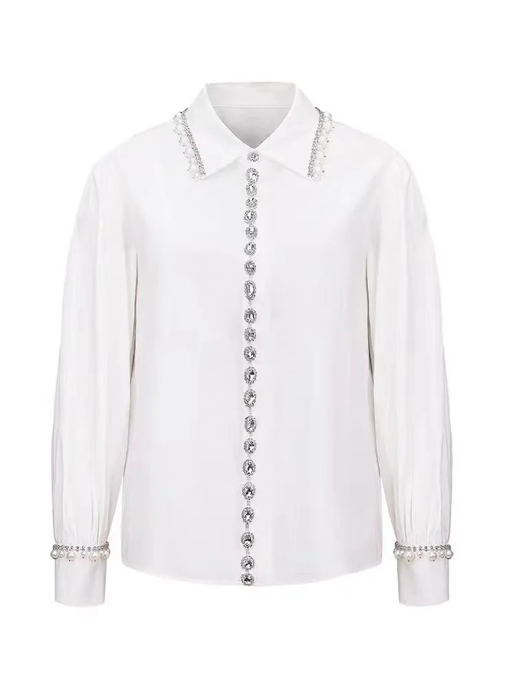 Imagem -04 - Blusa de Diamante Frisada Feminina Camisa de Manga Longa Versátil Branca Elegante Luxo Primavera Novo