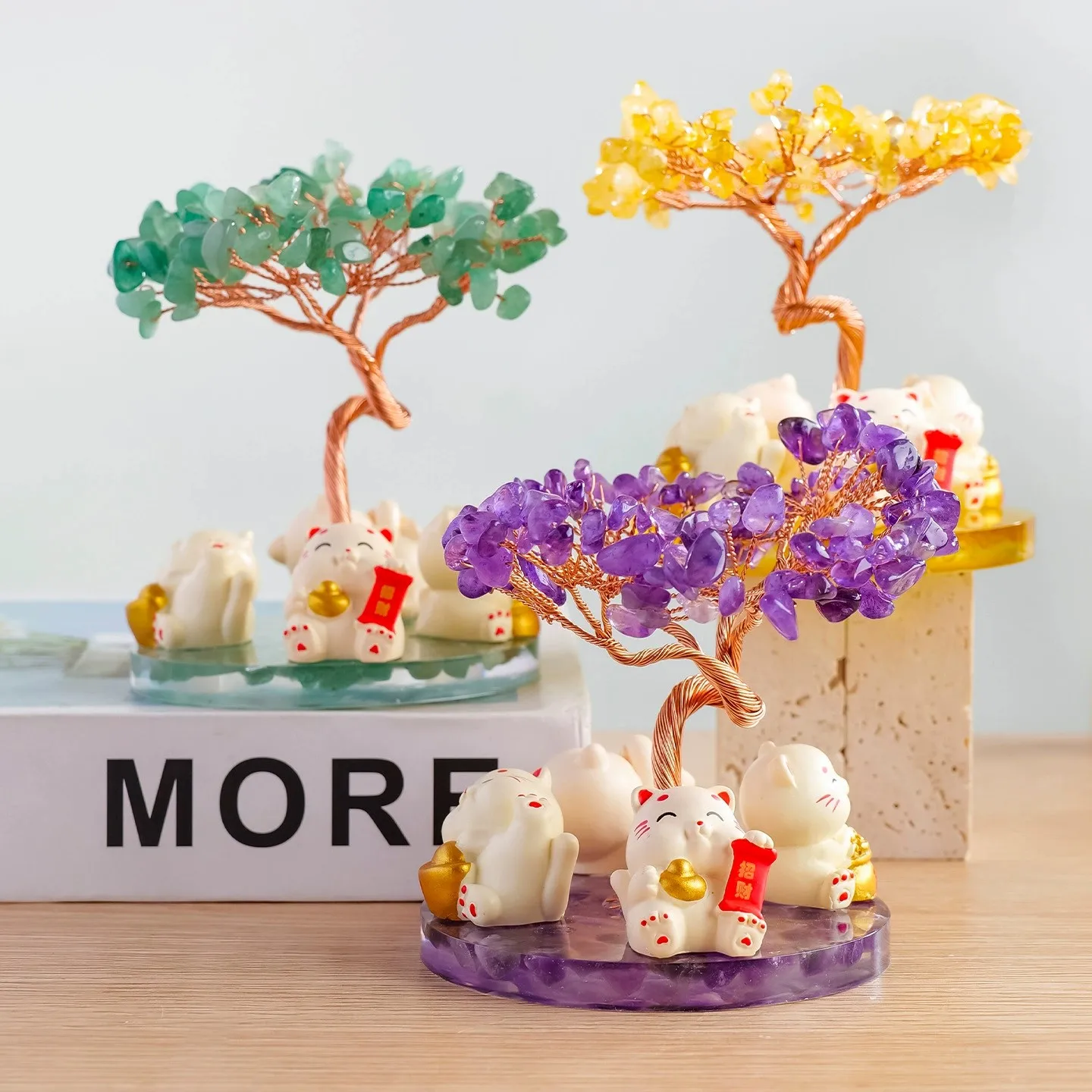 1pc Cute Crystal Money Tree Figurine Natural Crystal Pebbles Base Lucky Cat Feng Shui Tree Home Decor Birthday Gift Housewarming