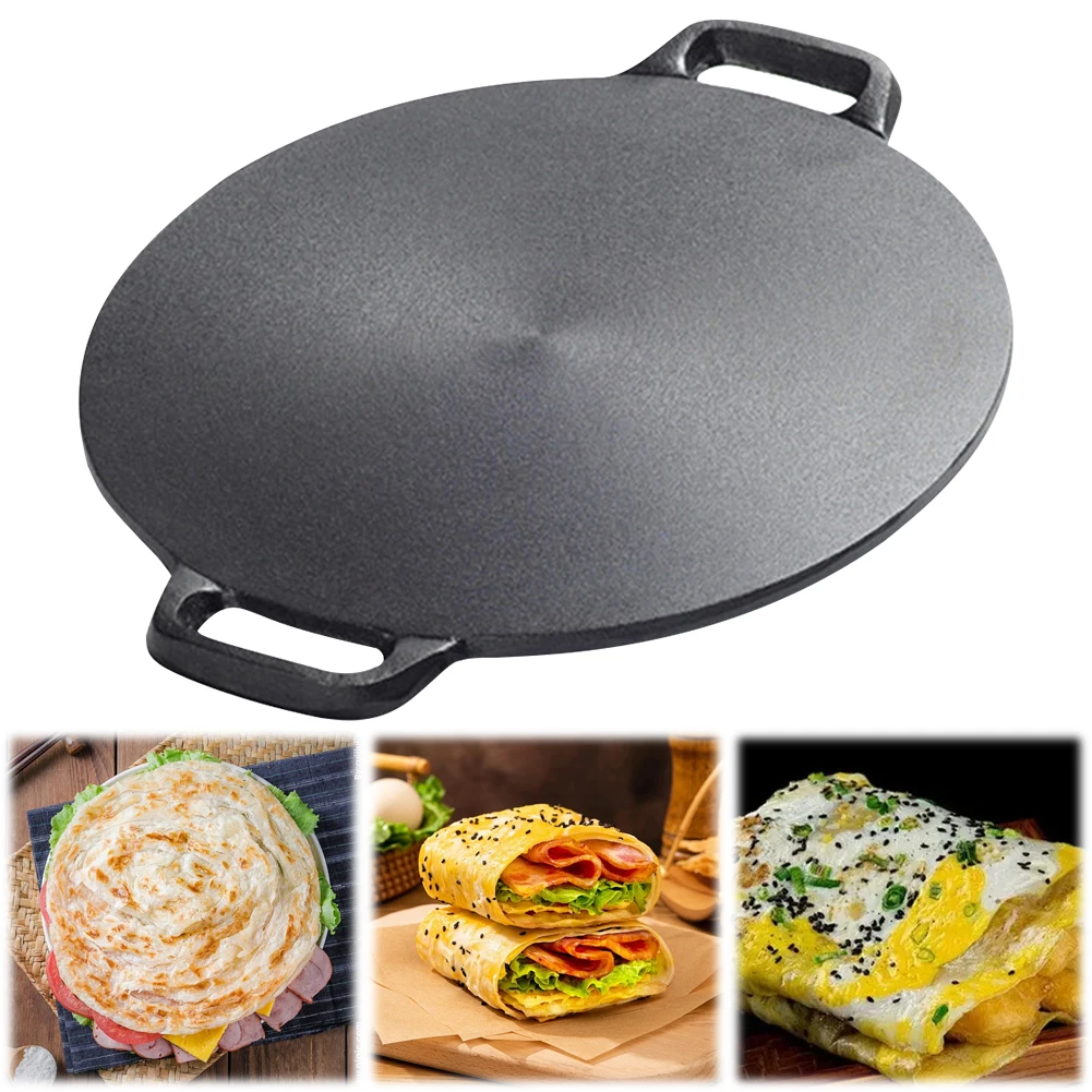 10.2/11/11.8/12.6/13.4 Inch Grill Pan with Handles BBQ Griddle Cast Iron Round Griddle Baking Tray for Home Party Travel