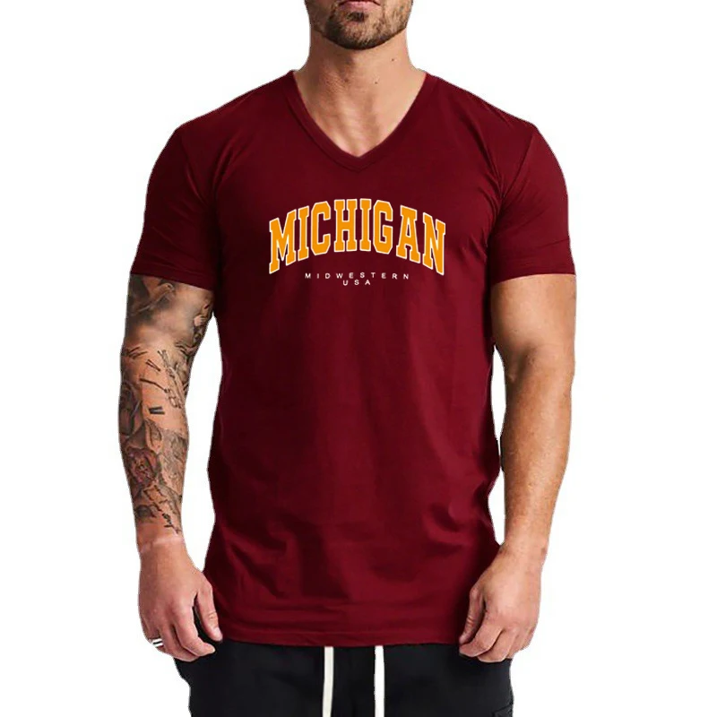 Michigan Midwestern USA Print Sport Tops Gym Bodybuilding Short Sleeve V-neck Shirt Men Fitness Muscle Breathable Cotton T-shirt