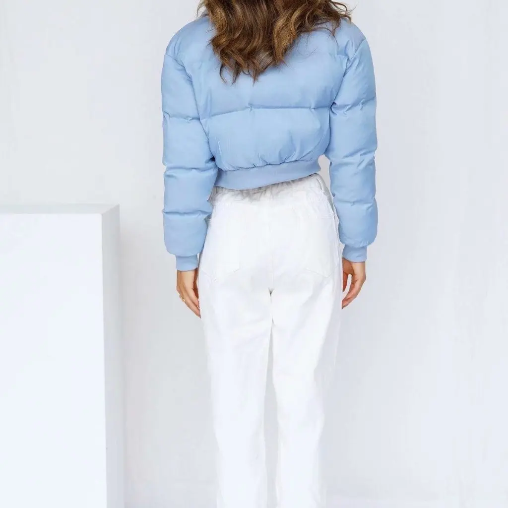 

Women's Solid Color Cotton-Padded Jacket Long Sleeve High Neck Zipper Thickened Short European And American Style Autumn