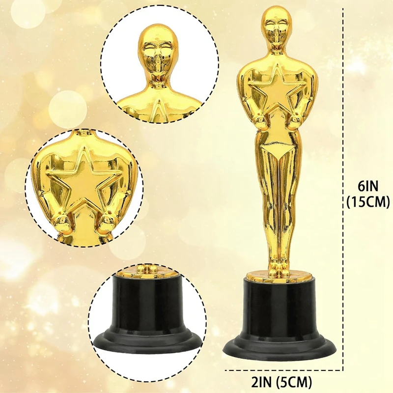 Confezione da 12 trofei di plastica Gold Award per decorazioni per feste, bomboniere, bomboniere per la notte del film, premio scolastico oro + nero