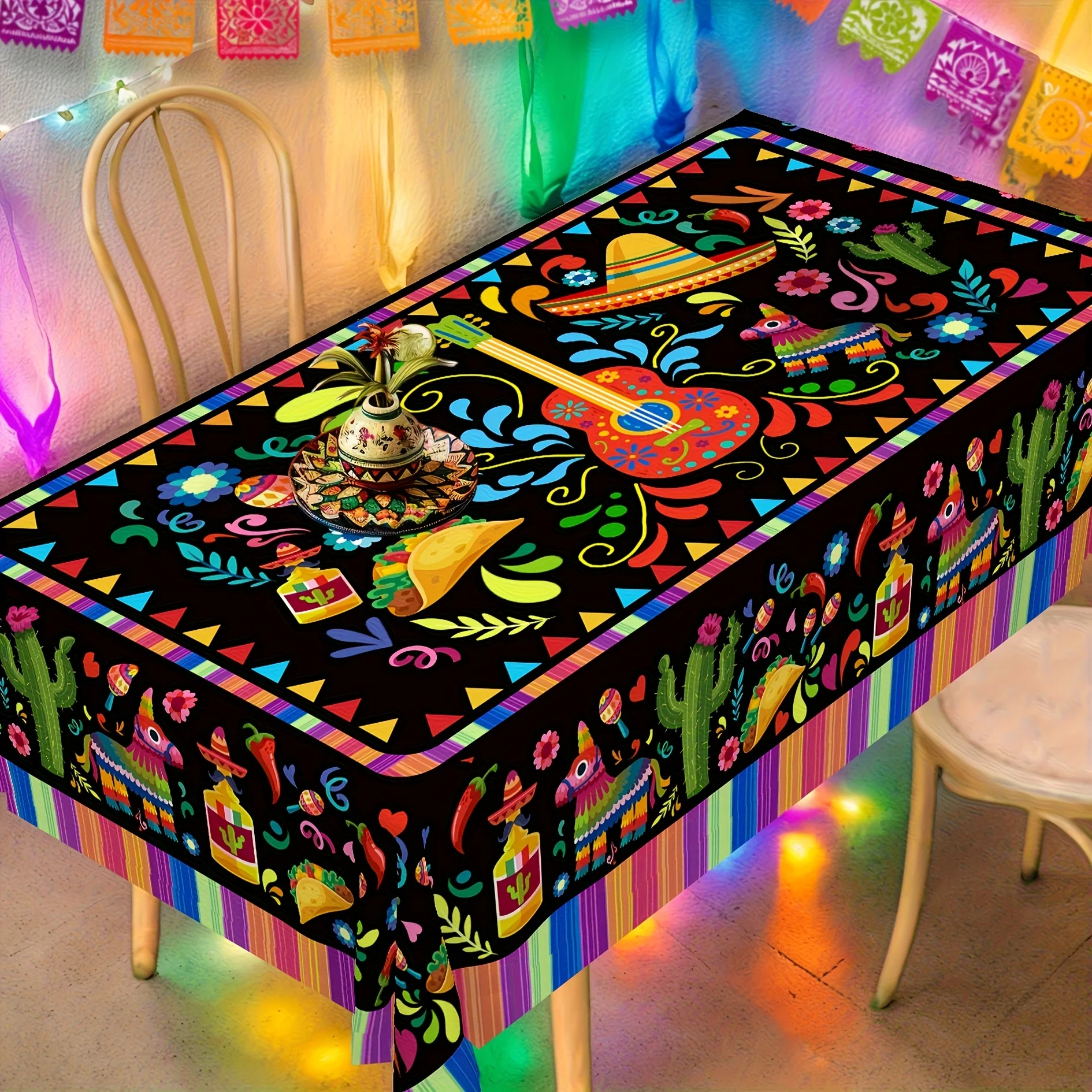 Halloween, Christmas, one Mexican-style tablecloth - black background with bright floral patterns
