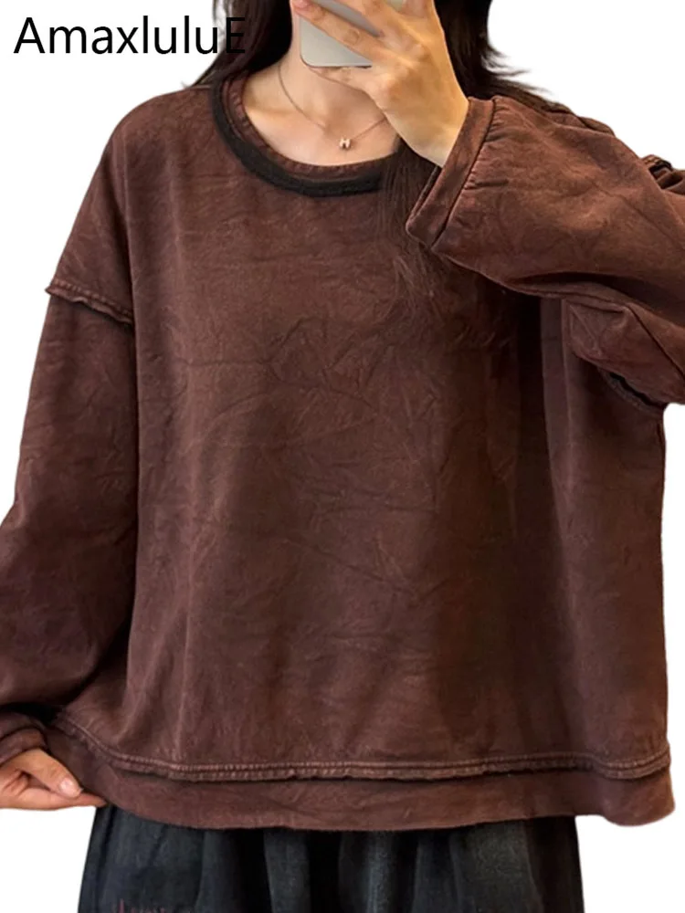 Amax LuluE 2025 Inverno Coreano Classico Solido Vestiti Delle Donne Dell'annata Casual O-Collo di Pelliccia T-Shirt Donne di Modo Classico di Cotone Magliette E Camicette