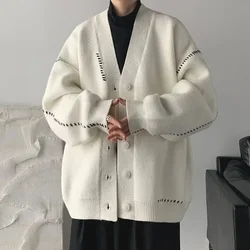 Man Clothes Coat White Knitted Sweaters for Men Japanese Retro Jacket Cardigan Patchwork S 90s Vintage Knitwears Korean Style X