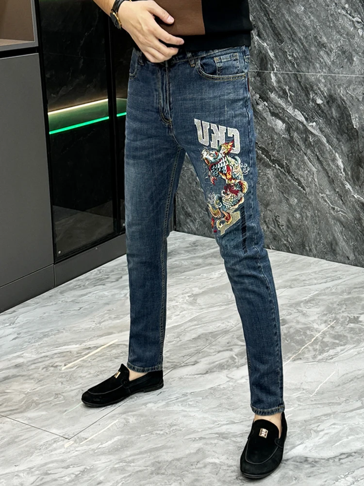 

Мужские джинсы Faionable с вышивкой, плотные, осенне-зимние, повседневные, в корейском стиле, зауженные, прямые штанины
