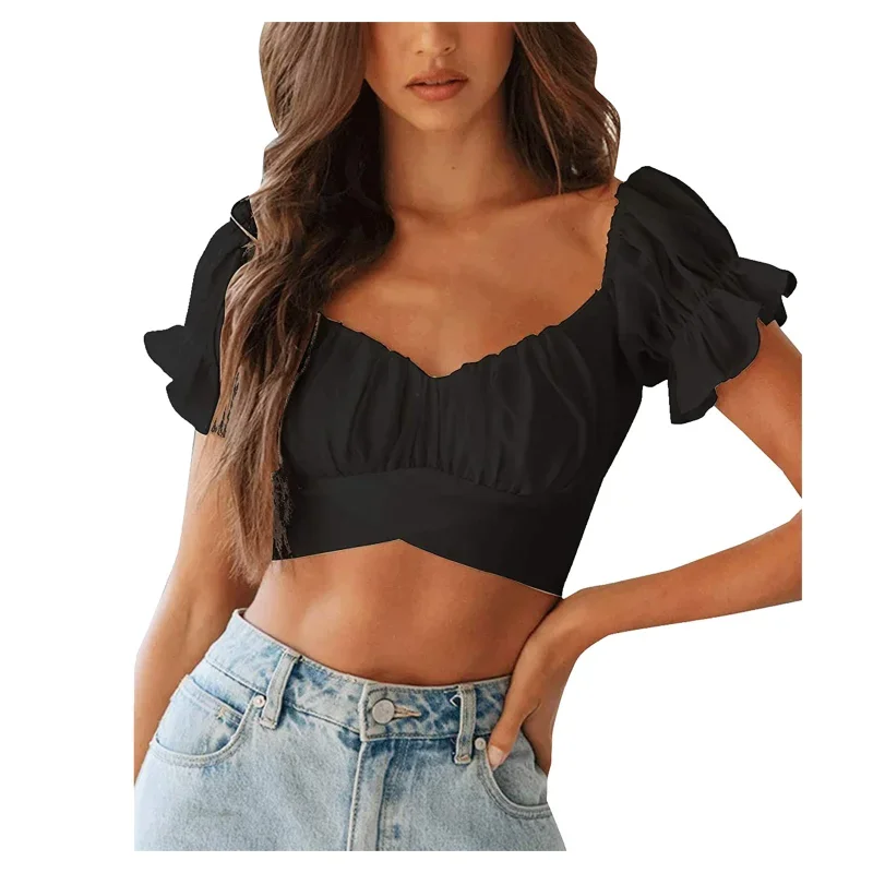 

Women Short Puff Sleeve Blouses Square Collar Crop Top Summer Crop Top Back Ruffle Tie Up Shirt Off The Shoulder Blouses Femme