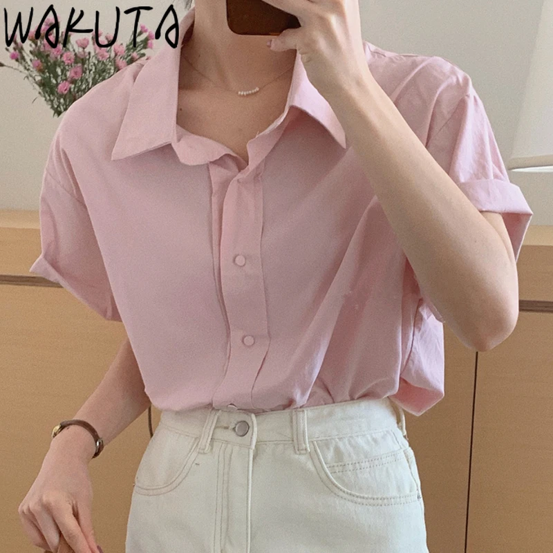 WAKUTA Short Sleeve Simple Offical Women Shirts Summer 2024 Korean Style Vintage Solid Color Loose Single Breasted Blouses Tops