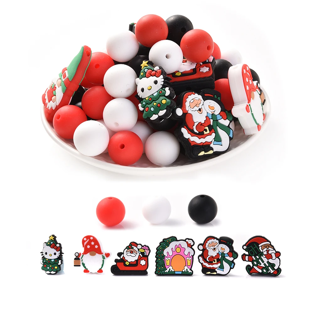 

66Pcs Cartoon Santa Silicone Newborn Teething Beads 15Mm Round Set for Baby Diy Chewable Nursing Teething Toys Gift Accessories