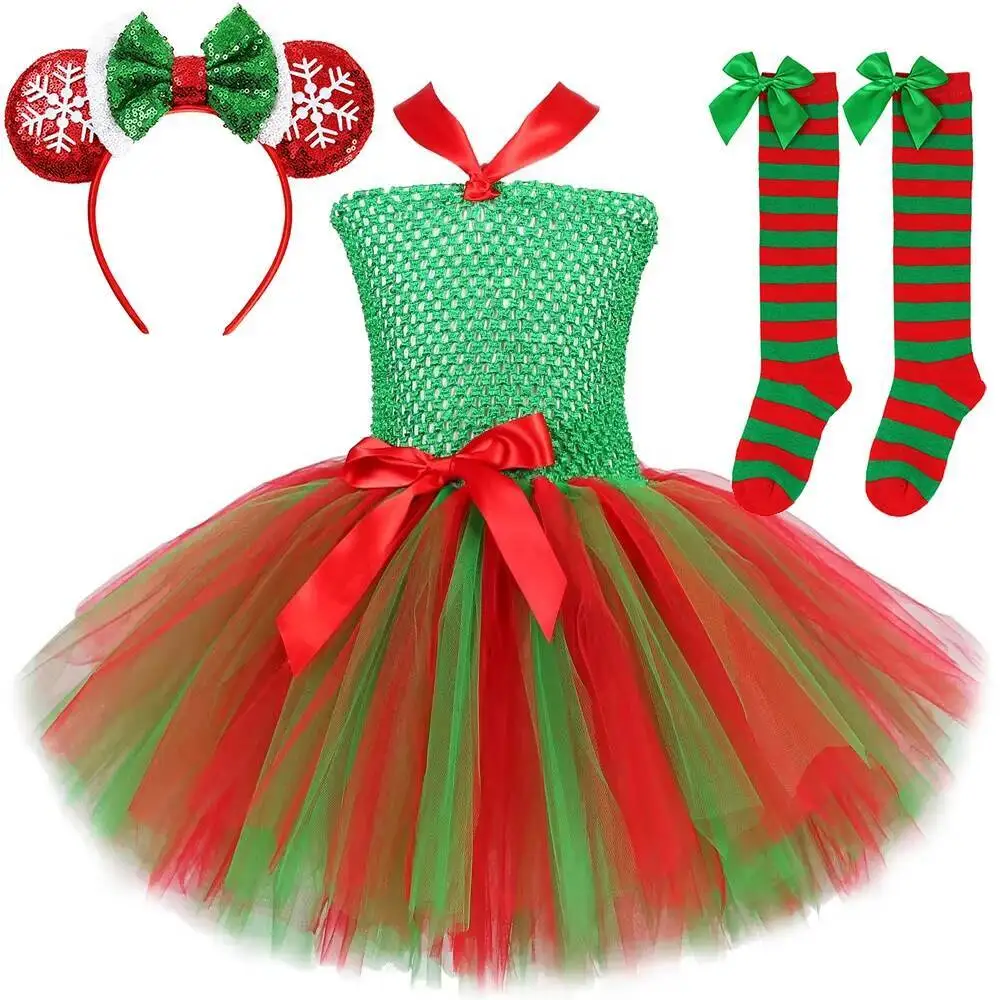 Red Green Christmas Costumes for Girls Xmas Holiday Lined Dresses with Hairbow Socks Children New Years Gifts Carnival Clothing