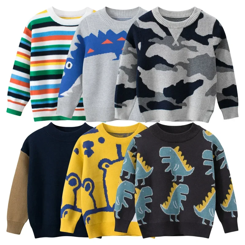 2024 Winter Clothes Boys Sweaters Casual Camouflage Knit Top Children\'s Pullover Long Sleeve Cartoon Print Warm Kids Outfits