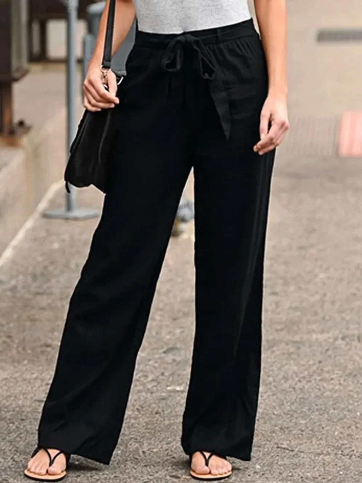 Pantalones de pierna ancha de Color puro con cintura elástica de cintura alta, pantalones de tubo rectos largos holgados para mujer, temporada de otoño