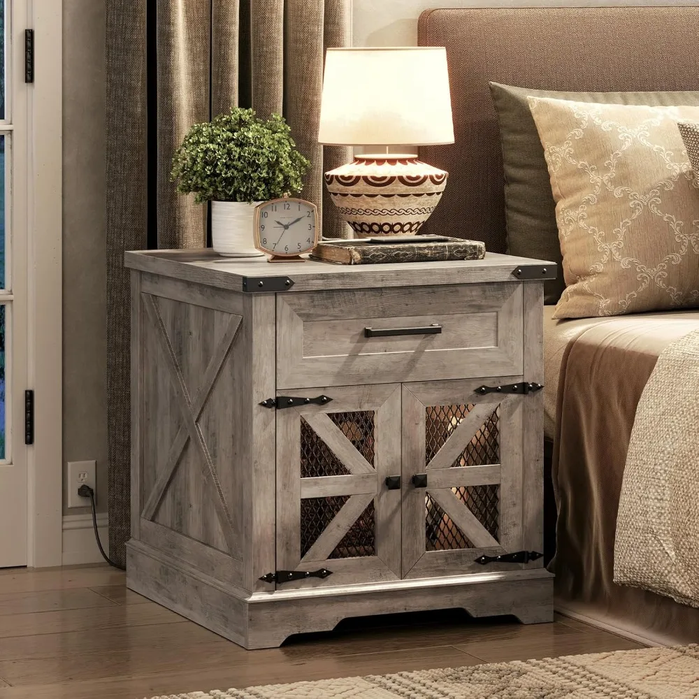 A 2-piece wooden bedside table set with a charging station at the farmhouse, square in color and beige in color