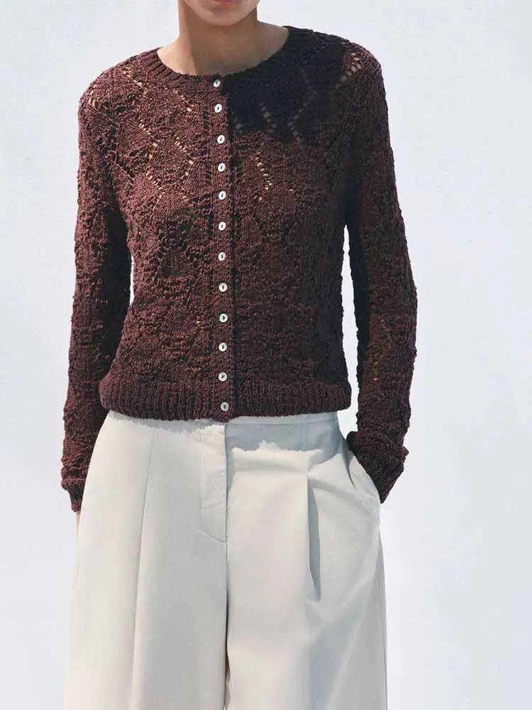 

TRAF новая летняя тонкая трикотажная куртка в европейском и американском стиле с круглым вырезом и длинными рукавами на пуговицах, универсальная жаккардовая сетчатая куртка