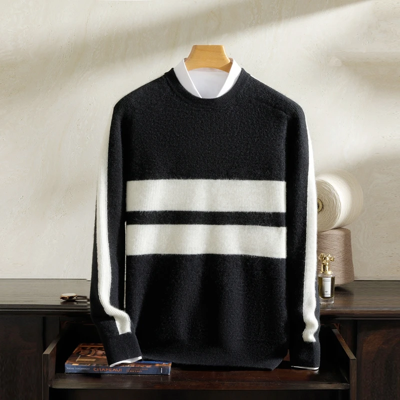 Class A 100% Pure Cashmere Sweater Men's Round Neck Knitted Pullover Autumn Winter Thick Warm Striped Men's Long Sleeved Shirt