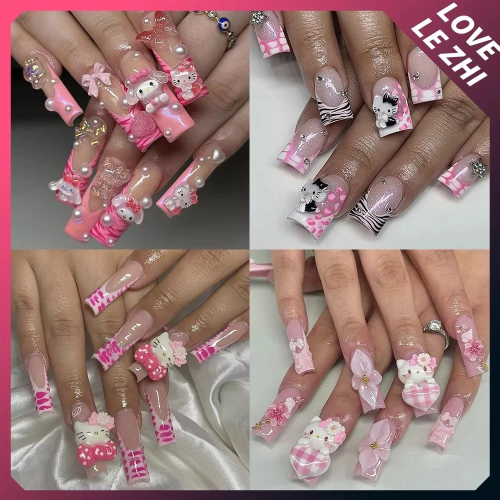 

10Pcs Xl Duckbill Shape Cartoon Sanrio Handmade French Nail Art Y2K Hello Kitty 3D Flower Diamond Pearl Pink Nail Tips Girl Gift